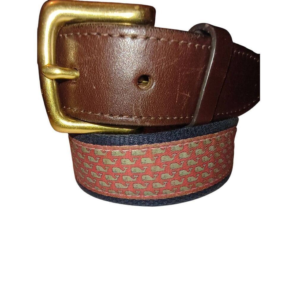 Vineyard Vines Men's Preppy Pink Whale Print Canvas & Leather Club Belt Size 32